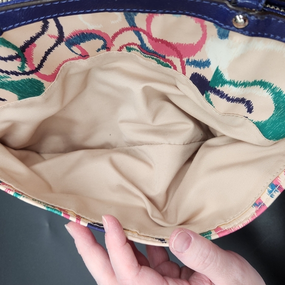 Gently Used Coach Signature Stripe Ikat Print Canvas Royal Blue Trimmed Tote Bag - Picture 6 of 16